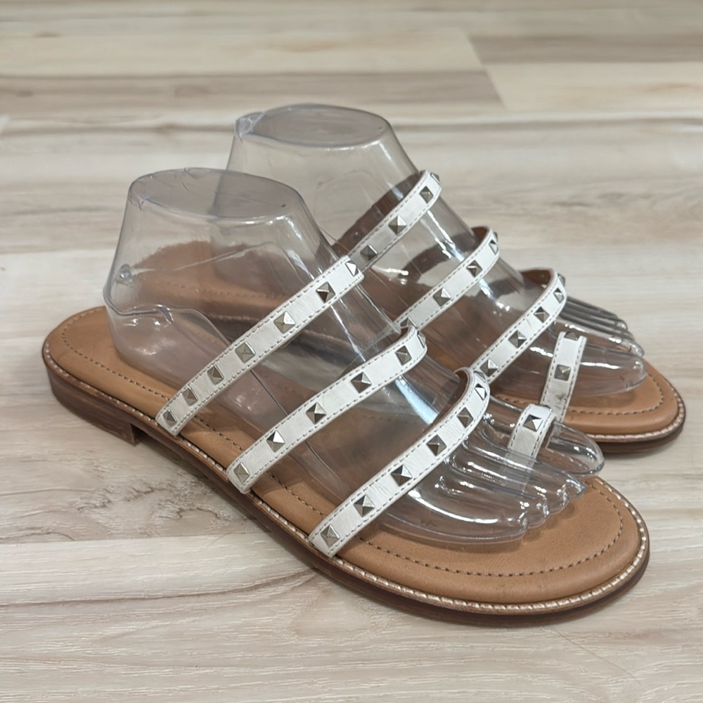 Crevo Polly Studded Leather Slide Sandals White Tan Women's Size 11 Boho Resort